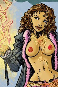 A bare-chested woman holding a tongue of flame in her outstretched hand.