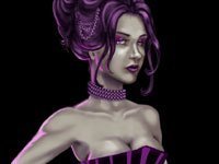 A sexy brunette in a purple bustier, revealing copious cleavage.