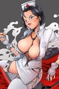 A dark-haired woman in an unzipped nurse's uniform exposes her large, pale breasts.