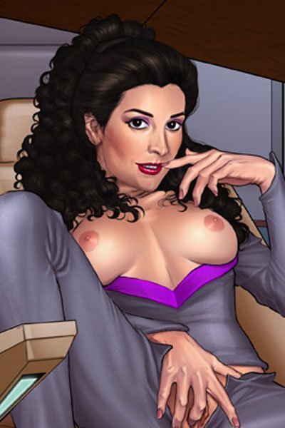A familiar ship's counselor bares her breasts and more in the captain's chair. 