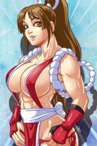 A muscular Mai Shiranui adjusts her panties.