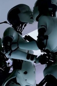 Robot Bjork passionately kissing another Robot Bjork.