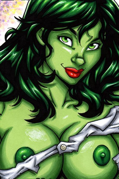 She Hulk's naked green breasts are exposed by her shredded shirt.