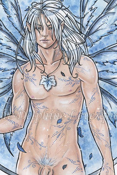 A beautiful blond man with blue wings stands naked.