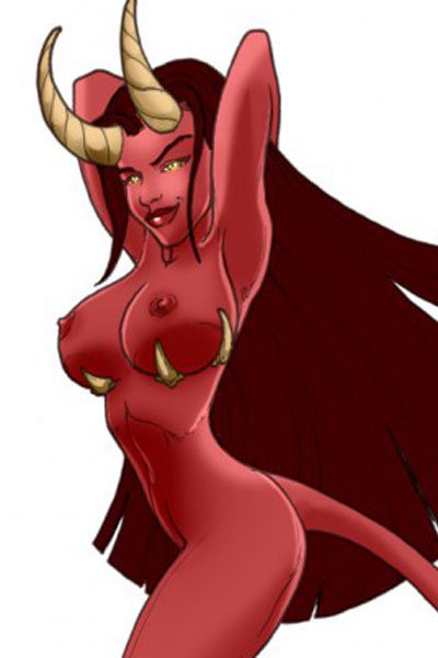 A naked red woman with large breasts and larger horns poses seductively.