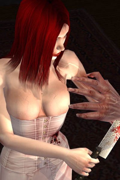 A buxom woman with red hair and  a misshapen arm, wearing a white corset wielding a large knife.