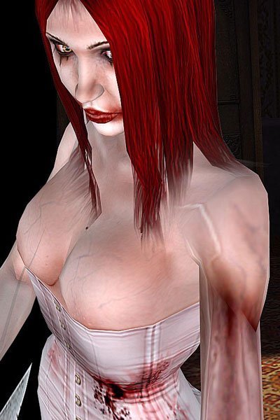 A gothic woman with long red hair and a misshapen arm wearing a white corset. 