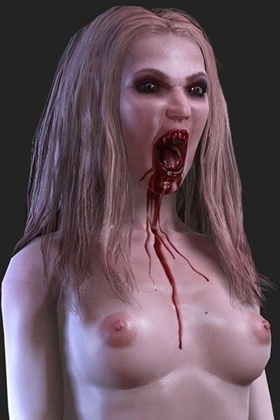 A naked vampire woman with with stringy blond hair opens her bloody fanged mouth.