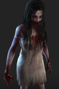 A bloody, grimy zombie girl stands menacingly in a tattered dress.