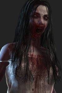 A closeup of a bloody, grimy zombie girl in a tattered dress.