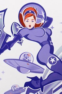 A red haired woman wearing a skin-tight space suit and carrying a large raygun.