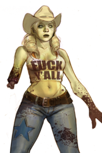 A fresh cowgirl zombie in a novelty top, missing half of an arm.