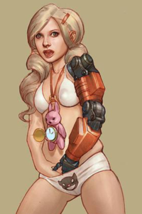 A pretty blond girl in a bikini, equipped with a huge cybernetic arm.