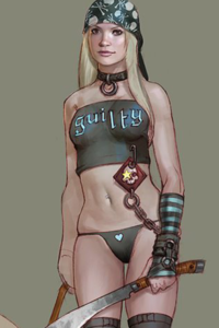 A slender blond woman with minimal goth clothing and a big machete.