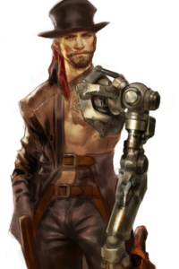 A western gunslinger with a tall hat and  cybernetic arm.