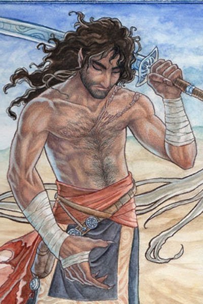 A sinewy, bare-chested man casually carries wields a sword in the desert.