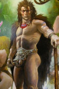 A muscular man stands regally, wearing only a fur cape and a large tusked codpiece.