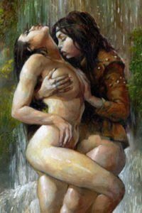 A woman wearing only a leather jacket tightly embraces a naked woman by a waterfall.