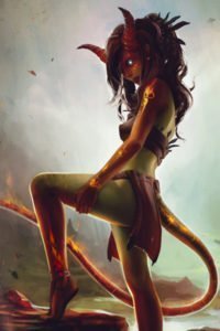 A slender horned woman with a long tail burns from within.