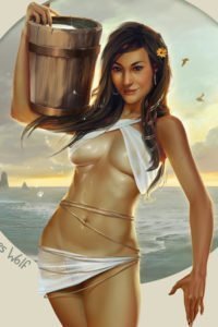 A tanned and oiled athletic woman wearing gauzy strips of fabric carries a pail of water.