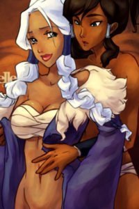 Waterbender Katara tenderly undresses a willing Princes Yue.