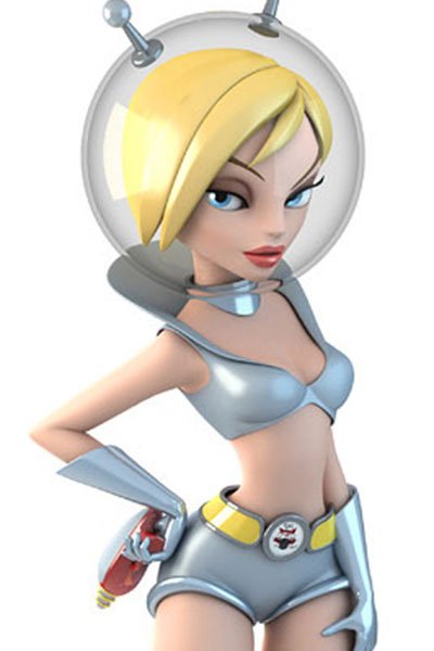 A slim woman in a large fishbowl helmet and silver top and shorts stands.