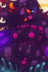 An ample, dark purple slime woman seductively pouts.