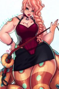 A plus-sized dominatrix with tentacles for hair and legs suggestively caresses her bullwhip.