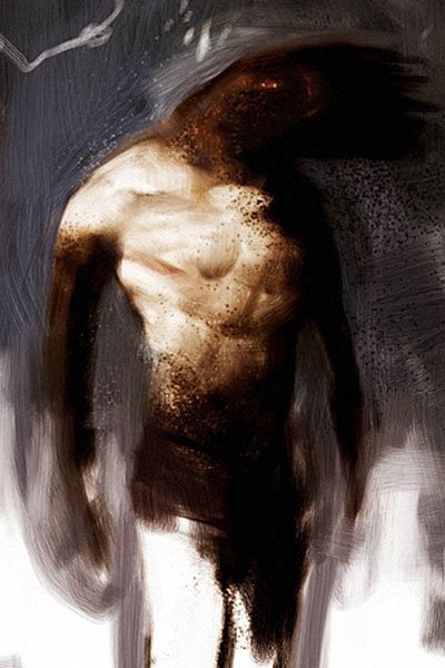 A naked man stands proudly, his head obscured or transformed by darkness