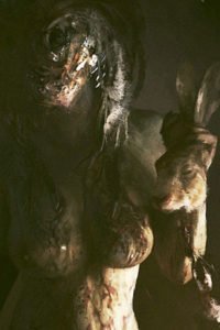 A naked gore-covered woman holds a rabbit's head by the ears.