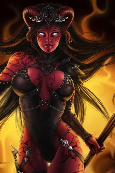 A buxom woman with black hair and dark red skin stands in a revealing leather costume.