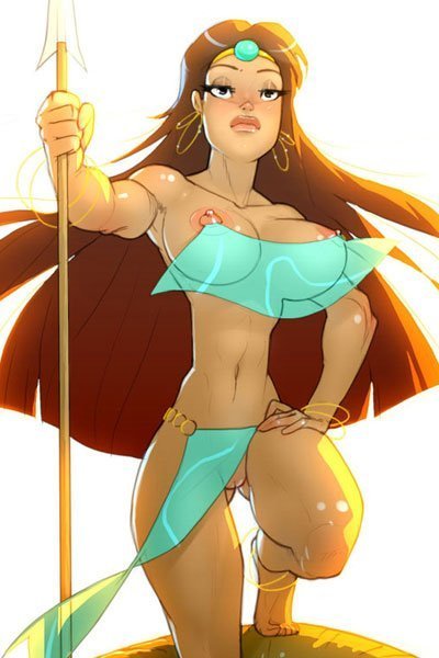 A woman with long brown hair and a giant spear stands, her naked body poorly covered by gauzy fabric.