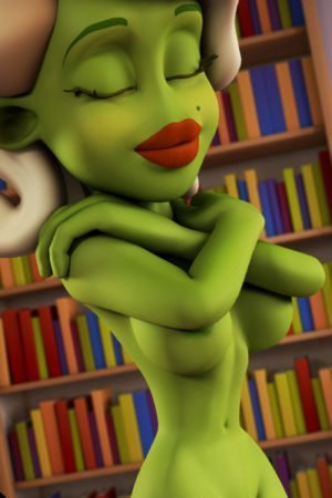 A small green woman with a large head and no nose stands naked in front of a bookcase.