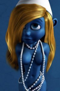 A small blue woman with long blond hair stands, wearing only pearls.