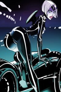 A stylized woman in black with white glowing stripes leans over a futuristic motorcycle