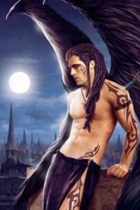 A man with long black hair, a bare chest and large black wings leans against a rooftop railing