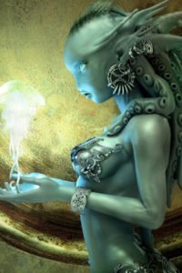 A blue woman with elaborate silver jewelry gazes at a glowing jellyfish floating above her outstretched hands.