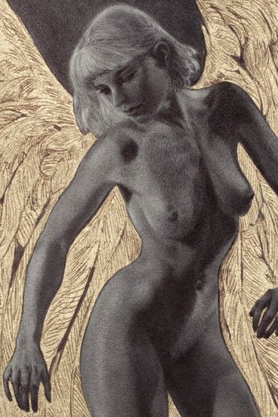 A nude woman with short fair hair and large glowing wings stands and bends.