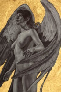 a nude woman with large angelic wings stands in awe.