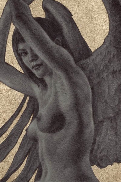 A nude woman with dark hair and large angelic wings raises her arms.