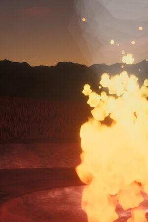 a roaring fire at night as a slivered moon sets.