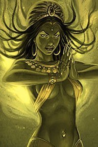 A green woman in a skimpy yellow top is bathed in eerie light.