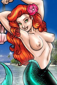 This red haired mermaid has shed her shells to reveal large, firm breasts.