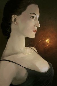 A pale woman is lit by a glowing golden ring that floats before her, still attached to her thin necklace.