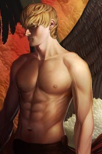 A muscular man with blond hair and dark wings stands brooding.