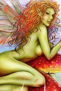 A beautiful green-skinned fairy with long red hair.