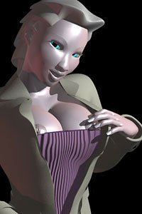 A pale woman with large breasts peaking out over a tight purple corset.