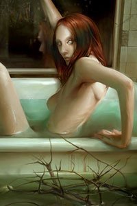 A slender nude woman with long brown hair begins to leave a bathtub in a flooded room.