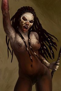 A nude woman with skull face paint and a bloody hand dances wildly.