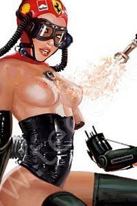 A bare-breasted woman in black leather is replacing a cybernetic arm.